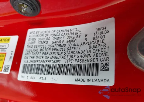 2025 Honda Civic Sport z USA, uszkodzony, nr VIN 2HGFE2F54SH506392